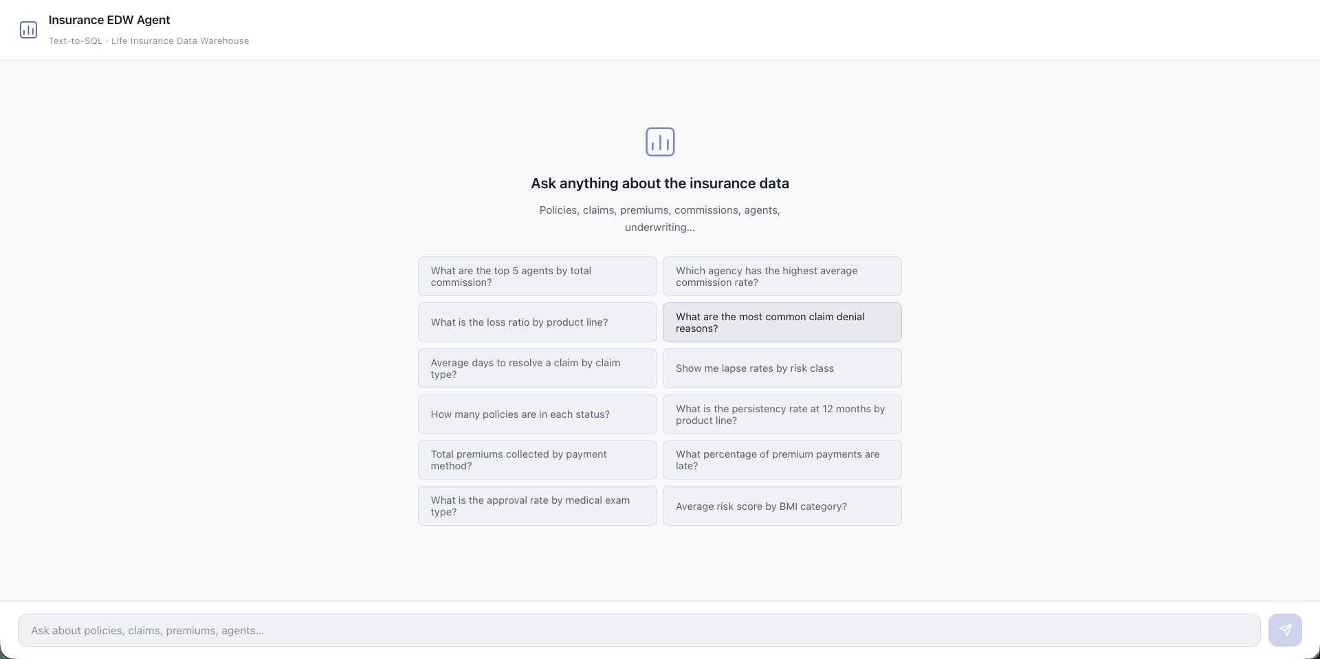 Landing page with starter questions
