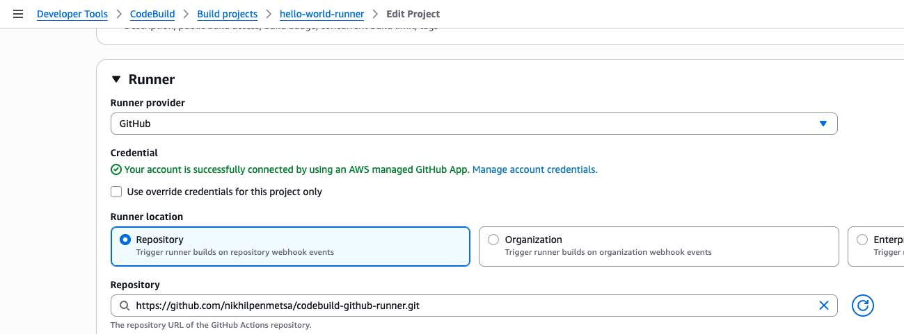 CodeBuild runner configuration showing GitHub connection and repository