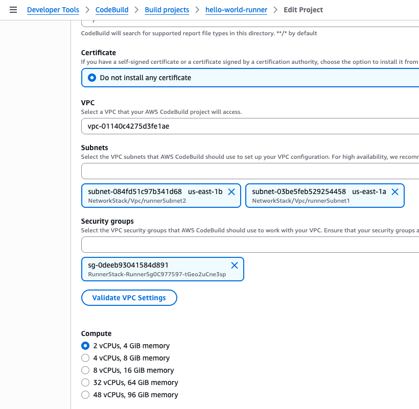 CodeBuild VPC configuration showing private subnets from NetworkStack