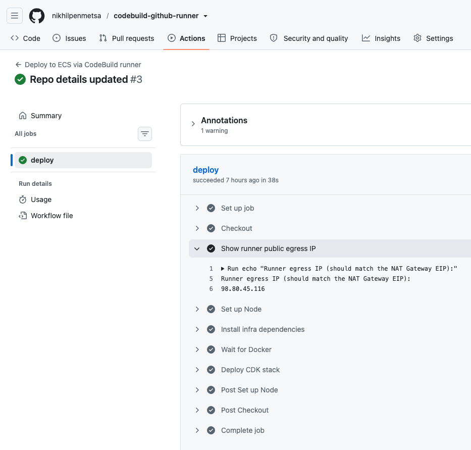 GitHub Actions workflow showing runner egress IP matching the NAT Gateway EIP