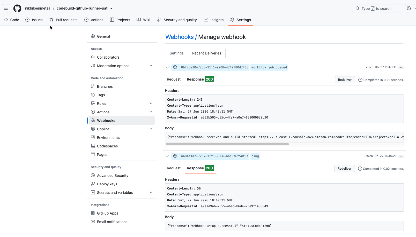 GitHub webhook delivery showing 200 response from CodeBuild